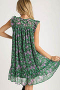 Umgee Full Size Smocked Detail Floral Metallic Ruffle Cap Sleeve Dress Plus Size - Hovatok