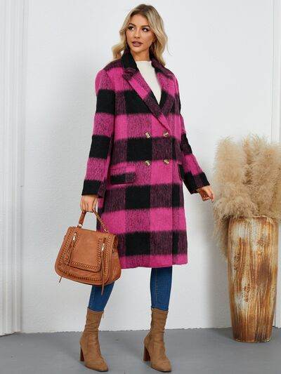 Plaid Double-Breasted Long Sleeve Coat - Hovatok