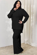 Basic Bae Full Size Ribbed High-Low Top and Wide Leg Pants Set - Hovatok