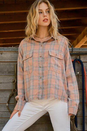 And The Why Full Size Plaid Button Up Raw Hem Shirt - Hovatok