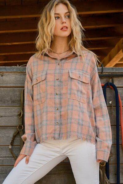 And The Why Full Size Plaid Button Up Raw Hem Shirt - Hovatok