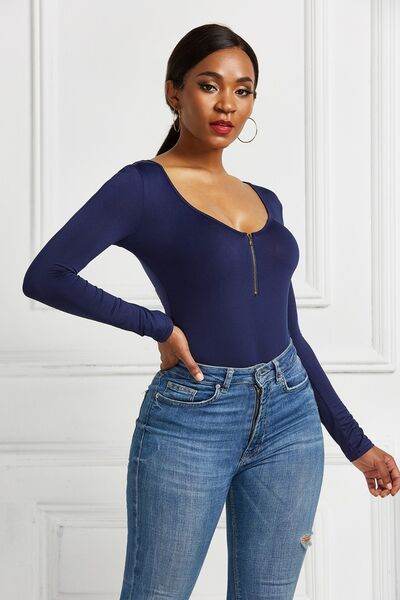 Half Zip Scoop Neck Long Sleeve Bodysuit - Hovatok