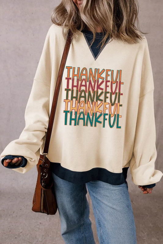 THANKFUL Round Neck Long Sleeve Sweatshirt - Hovatok