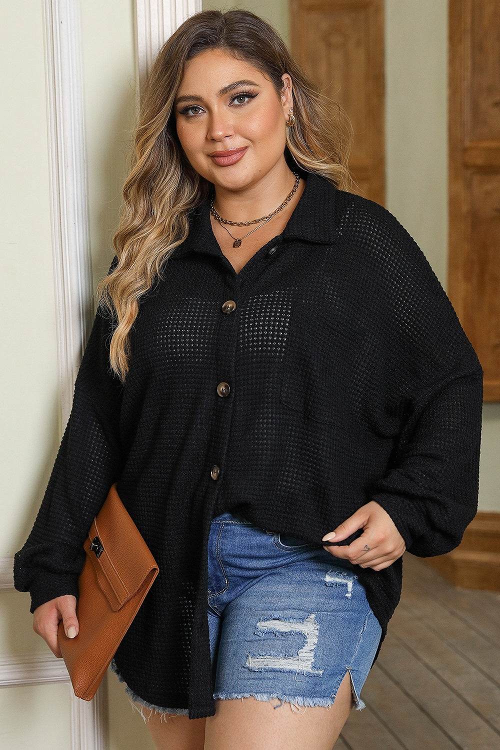 Plus Size Waffle Knit Button Up Collared Neck Shirt - Hovatok