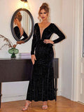 Ruffled Plunge Long Sleeve Dress - Hovatok