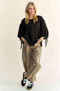 Davi & Dani Tied Round Neck Mesh Blouse - Hovatok