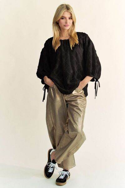 Davi & Dani Tied Round Neck Mesh Blouse - Hovatok