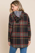 BOMBOM Drawstring Plaid Long Sleeve Hoodie - Hovatok