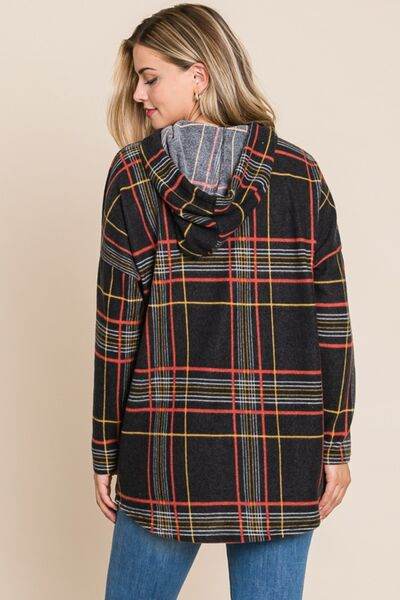 BOMBOM Drawstring Plaid Long Sleeve Hoodie - Hovatok
