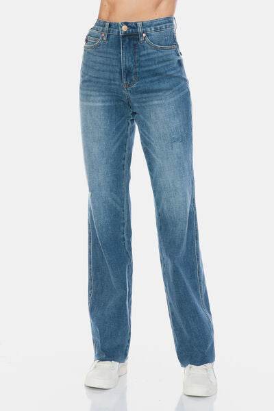 Judy Blue Full Size Tummy Control Cut Raw Hem Straight Jeans - Hovatok