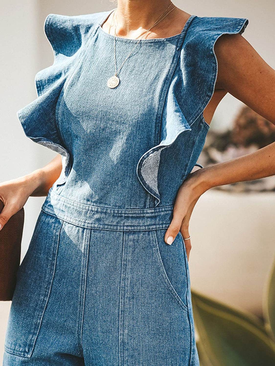Ruffled Backless Sleeveless Denim Jumpsuit - Hovatok