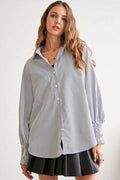 ADORA High-Low Striped Button Down Smocked Lantern Sleeve Shirt - Hovatok