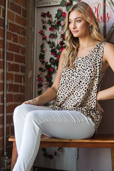 Heimish Full Size Front Button Animal Print Sleeveless Top Plus Size - Hovatok
