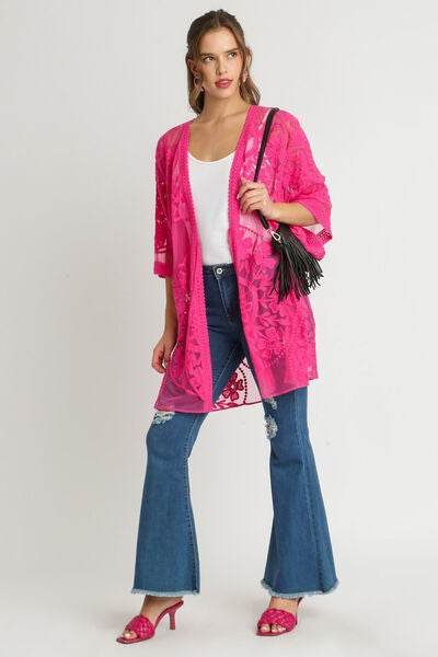 Umgee Full Size Floral Lace Open Front Kimono Sleevee Cover Up with Waist Tie Plus Size - Hovatok
