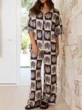 Printed Collared Neck Top and Wide Leg Pants Set - Hovatok
