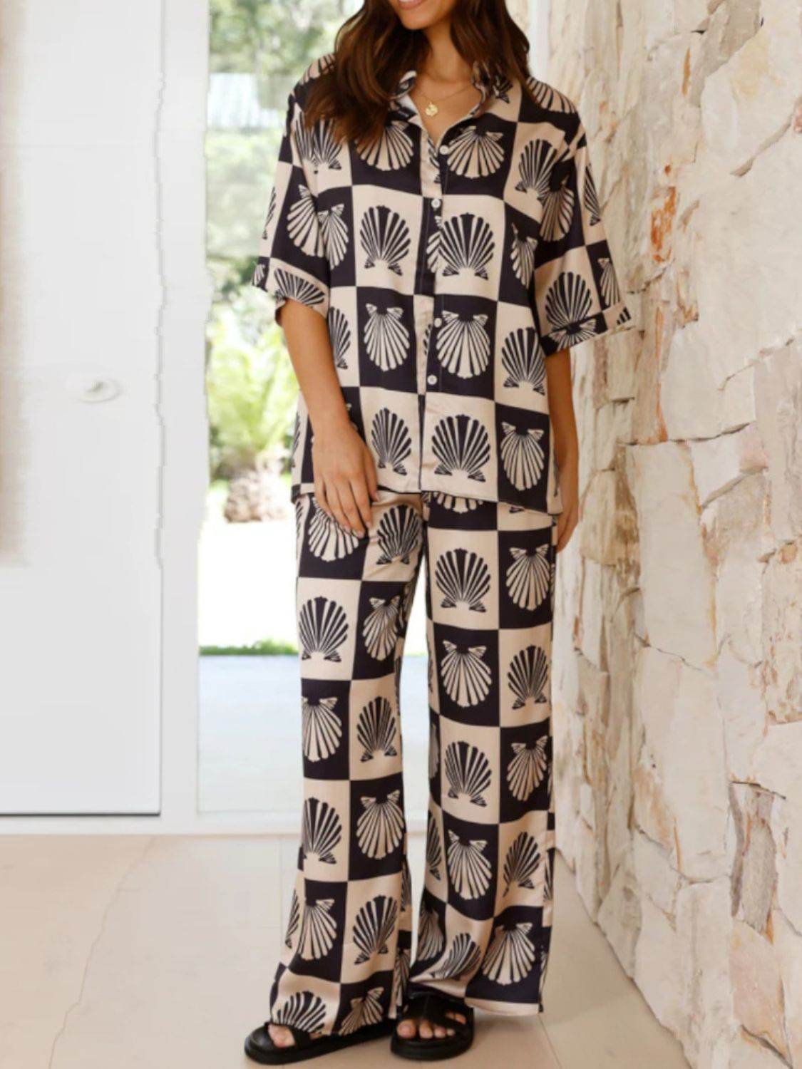 Printed Collared Neck Top and Wide Leg Pants Set - Hovatok