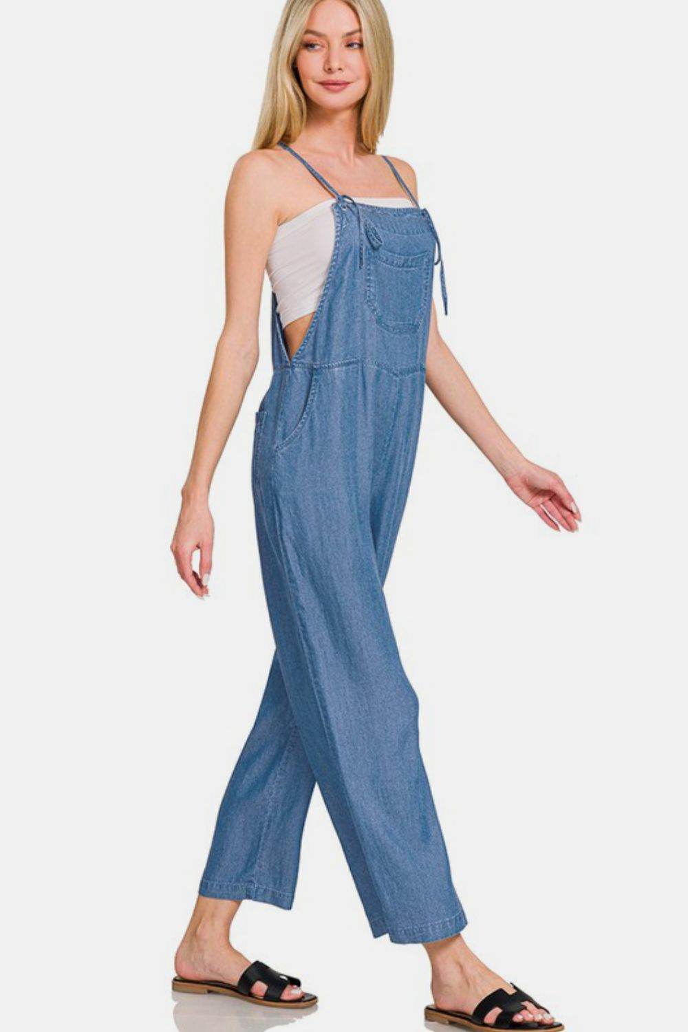 Zenana Washed Adjustable Strap Wide Leg Denim Overalls - Hovatok