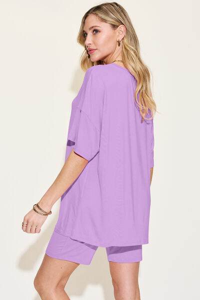 Basic Bae Bamboo Full Size V-Neck Drop Shoulder T-Shirt and Shorts Set - Hovatok
