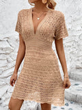 Openwork Plunge Short Sleeve Cover-Up Dress - Hovatok