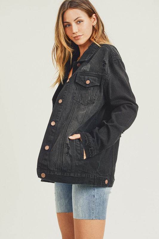RISEN Full Size Distressed Long Sleeve Denim Jacket - Hovatok