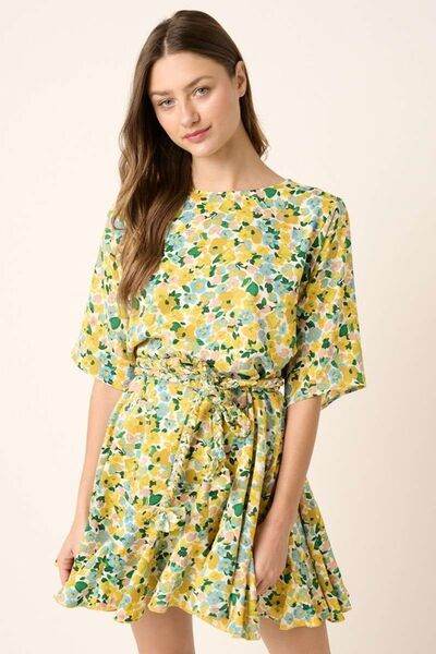Mittoshop Floral Tie Waist Half Sleeve Mini Dress - Hovatok
