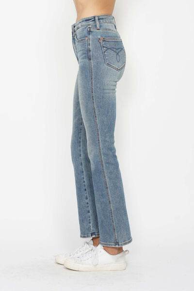Judy Blue Full Size Tummy Control Back Embroidered Pocketed Bootcut Jeans Plus Size - Hovatok