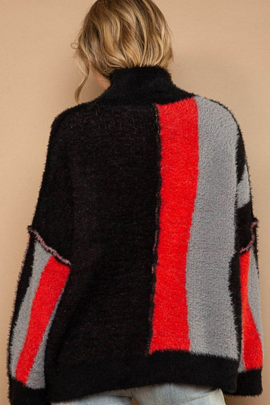 POL Turtleneck Color Block Fringe Detail Sweater - Hovatok