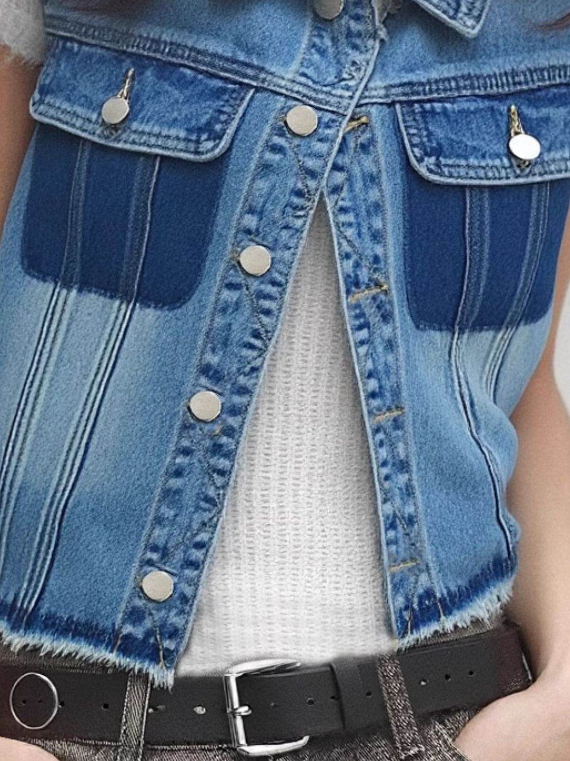 Raw Hem Pocketed Contrast Sleeveless Denim Jacket - Hovatok