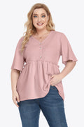 Plus Size Buttoned V-Neck Frill Trim Babydoll Blouse - Hovatok