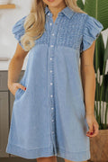 Smocked Collared Neck Cap Sleeve Denim Dress - Hovatok