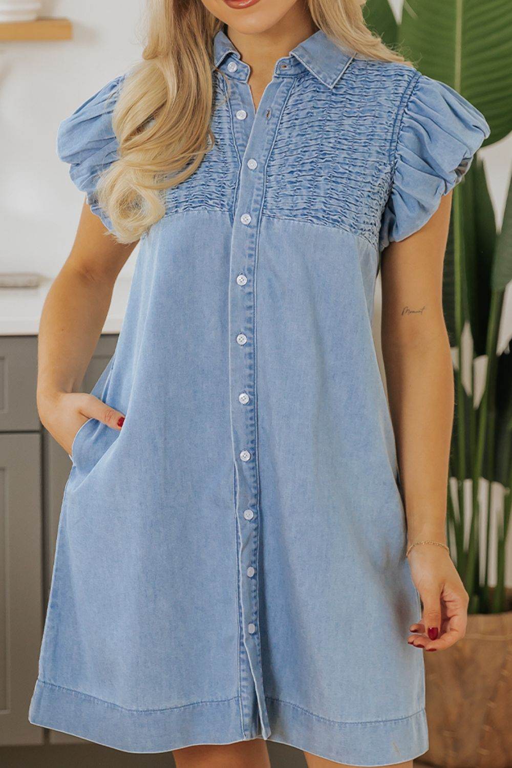 Smocked Collared Neck Cap Sleeve Denim Dress - Hovatok