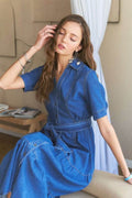 ADORA Tiered Button Down Tie Waist Short Sleeve Denim Dress - Hovatok
