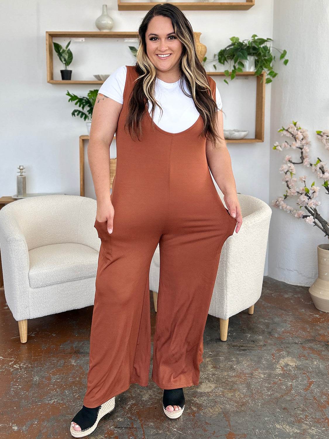 Double Take Full Size Sleeveless Wide Leg Jumpsuit with Pockets - Hovatok