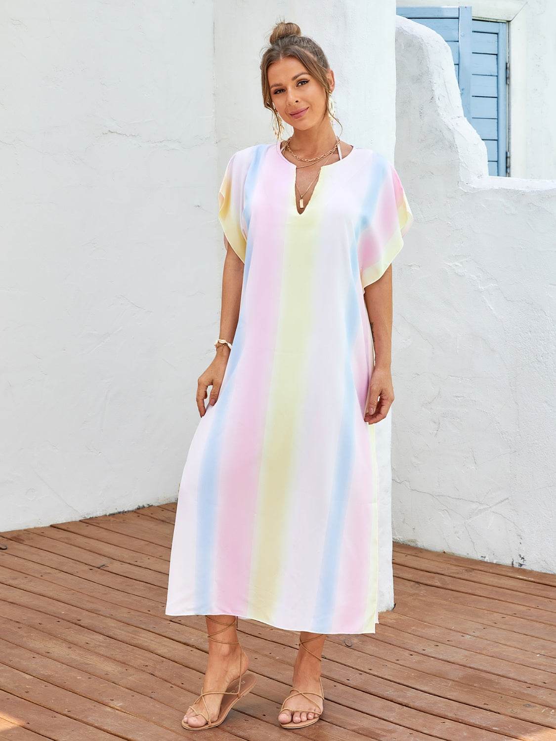 Slit Striped Notched Short Sleeve Cover Up - Hovatok