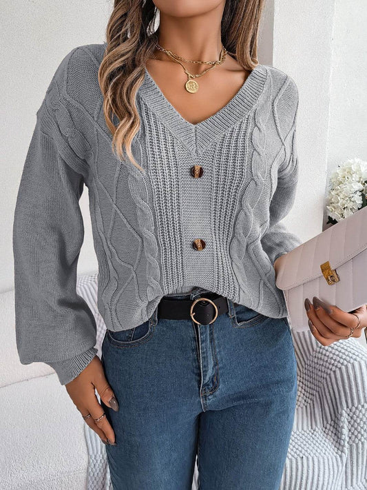 Cable-Knit Buttoned V-Neck Sweater - Hovatok