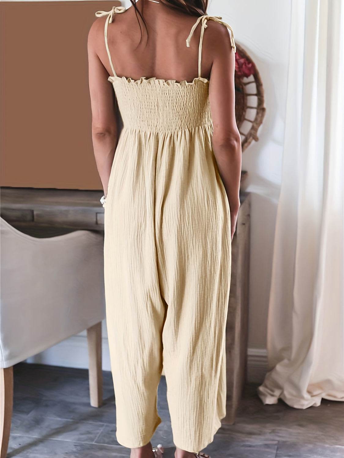 Full Size Smocked Spaghetti Strap Wide Leg Jumpsuit - Hovatok