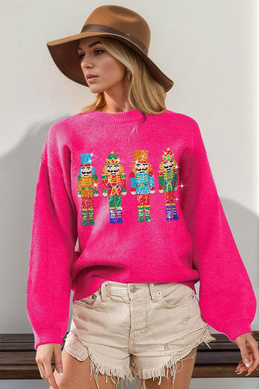 Double Take Full Size Sequin Nutcracker Long Sleeve Sweater - Hovatok