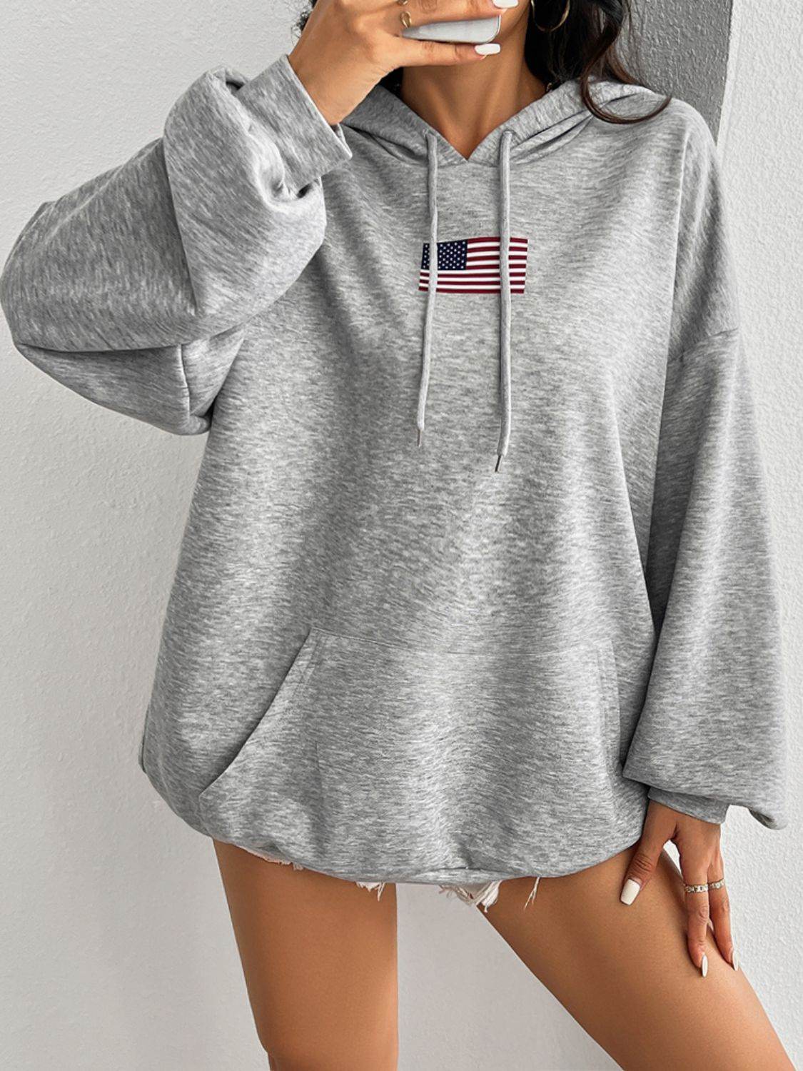 Devine Drawstring US Flag Long Sleeve Hoodie - Hovatok
