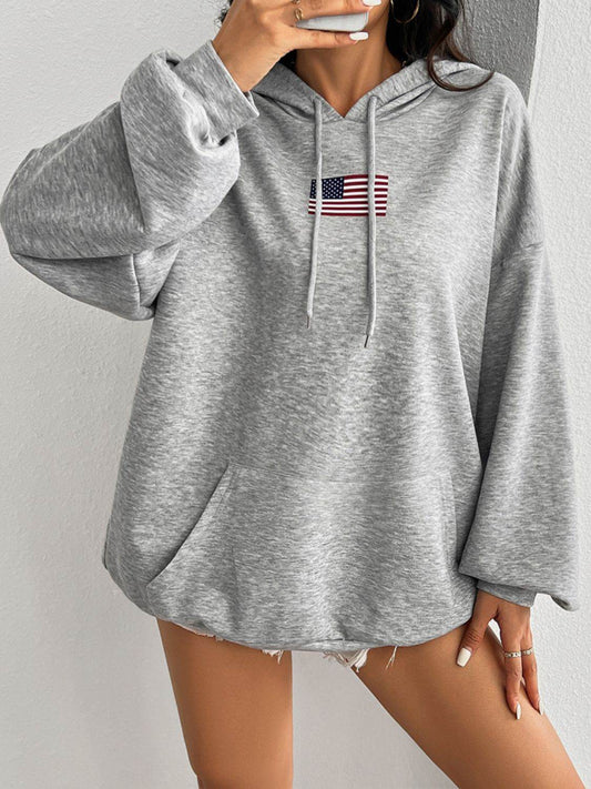 Devine Drawstring US Flag Long Sleeve Hoodie - Hovatok
