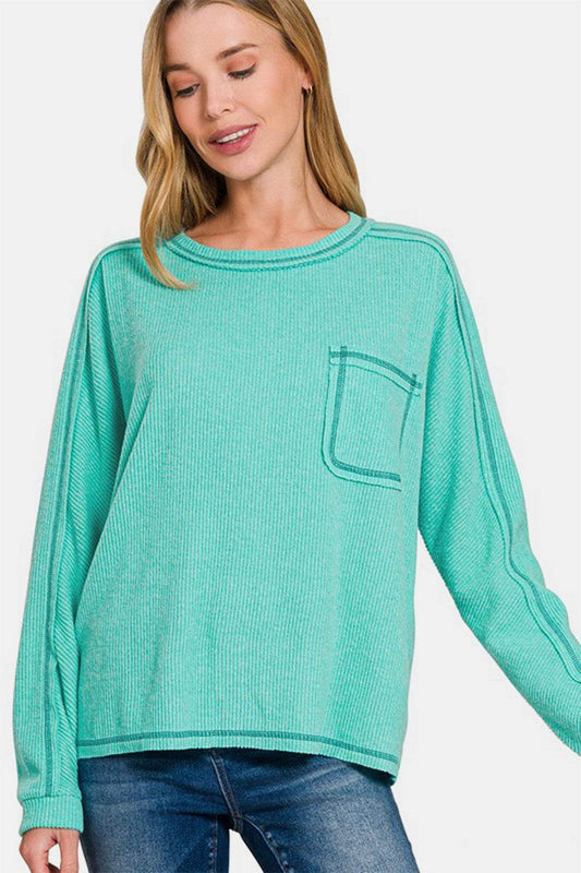 Zenana Full Size Contrast Stitching Brushed Ribbed Hacci Knit Top Plus Size - Hovatok