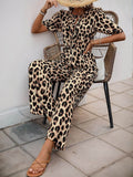 Perfee Tied Leopard Half Sleeve Jumpsuit - Hovatok