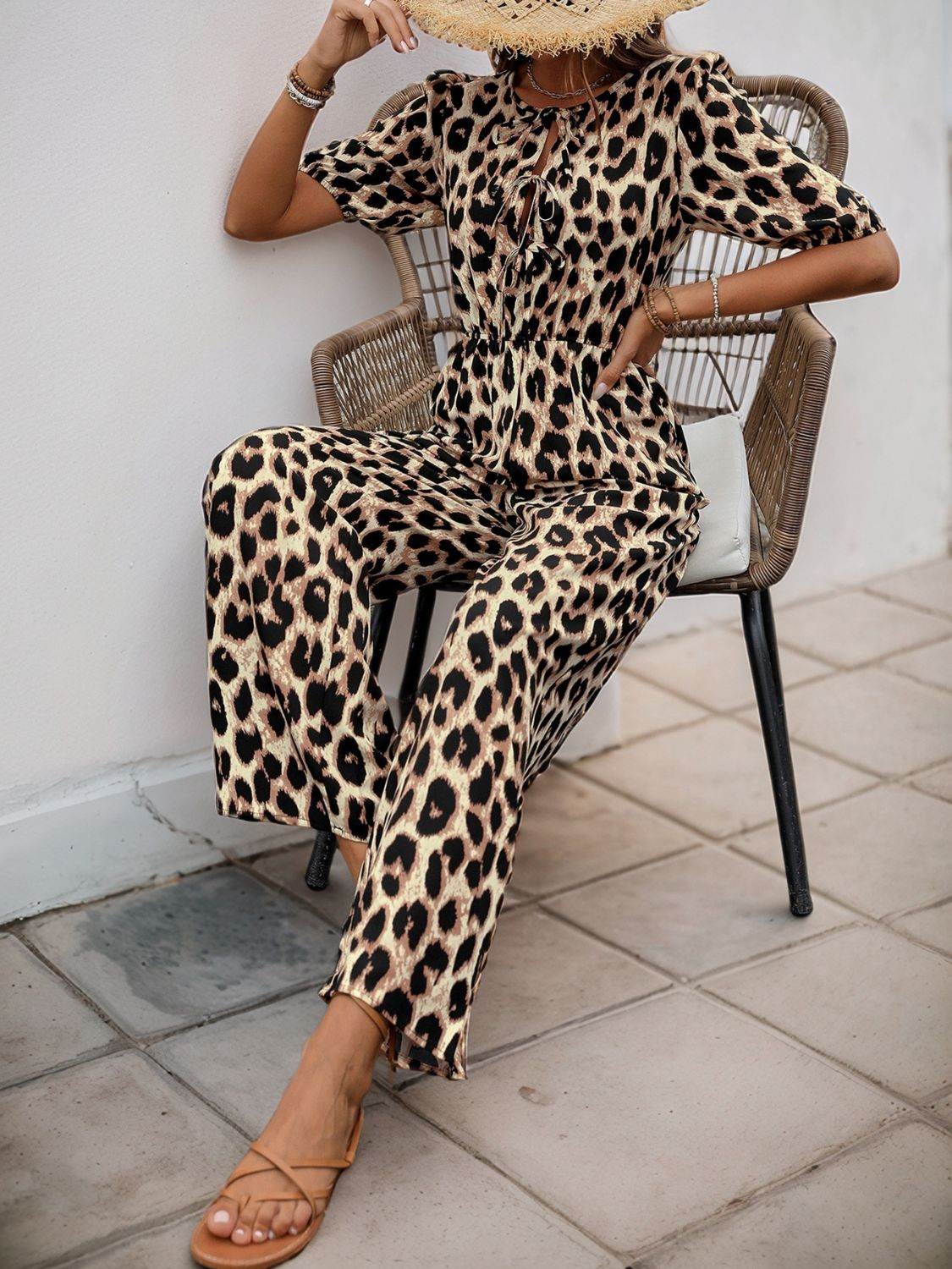 Perfee Tied Leopard Half Sleeve Jumpsuit - Hovatok