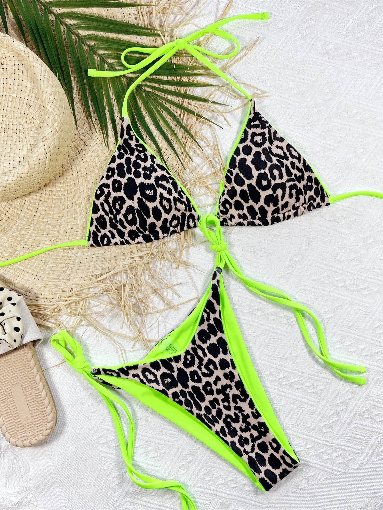 Leopard Print Halter Neck Tie Side Bikini Set - Hovatok