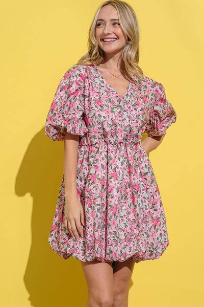 And The Why Full Size Floral Surplice Puff Sleeve Dress - Hovatok