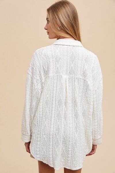 Annie Wear Openwork Button Down Drop Shoulder Shirt - Hovatok
