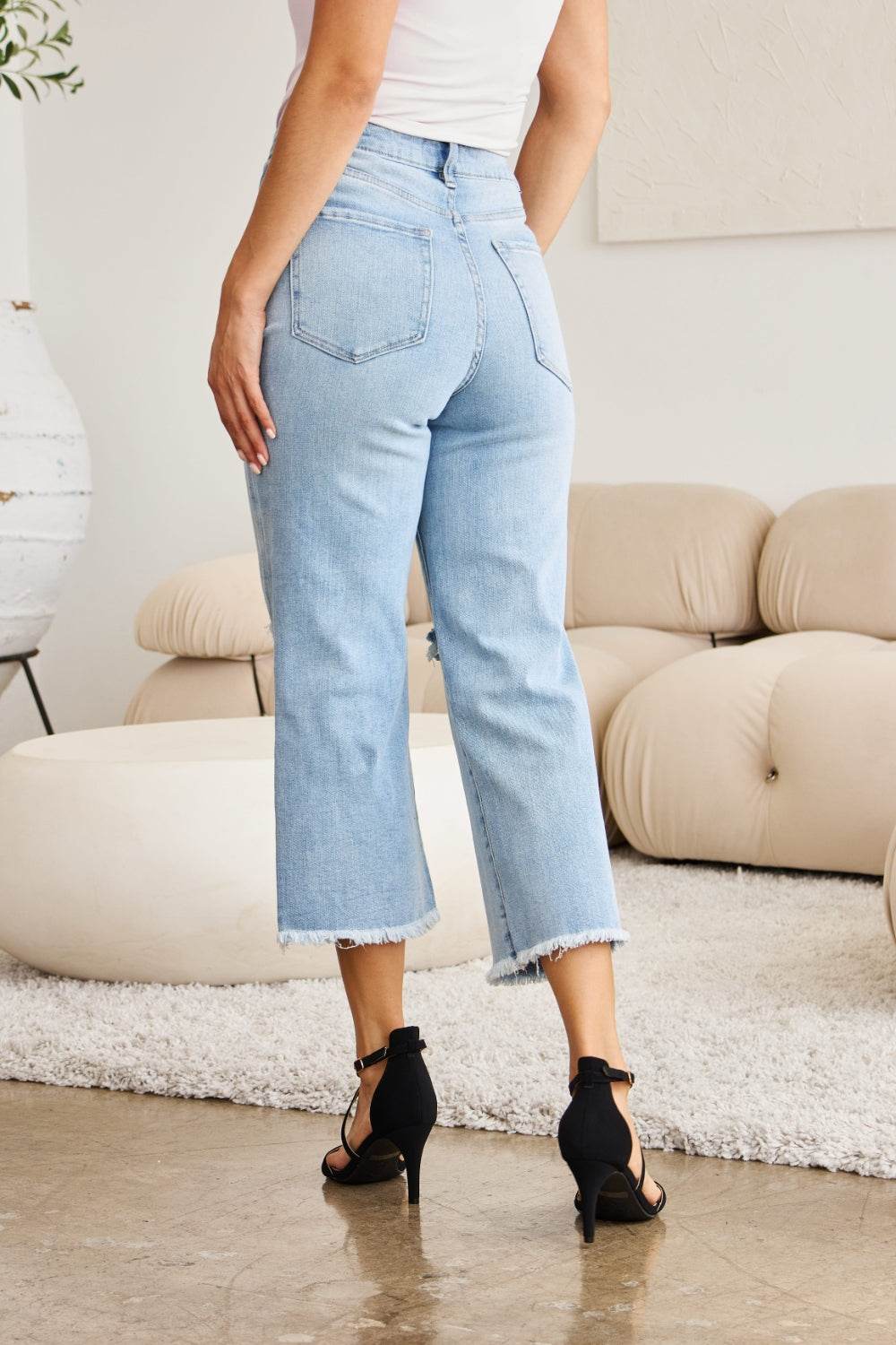 RFM Full Size Tummy Control High Waist Raw Hem Distressed Jeans - Hovatok