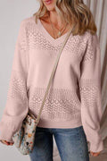 Openwork V-Neck Long Sleeve Sweater - Hovatok