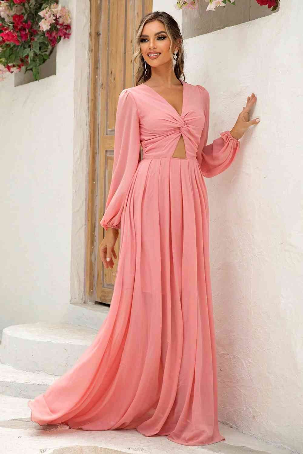 Twist Front Cutout Long Sleeve Dress - Hovatok