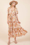 Mittoshop Floral Tie Waist Flutter Sleeve Tiered Dress - Hovatok