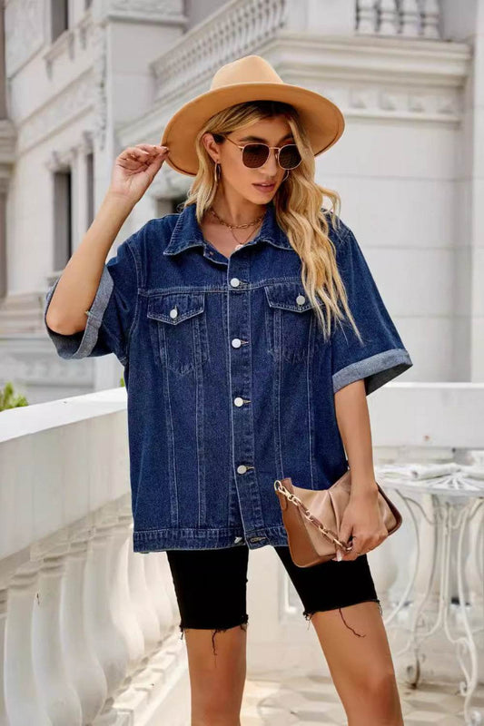 Button Down Half Sleeve Denim Jacket - Hovatok